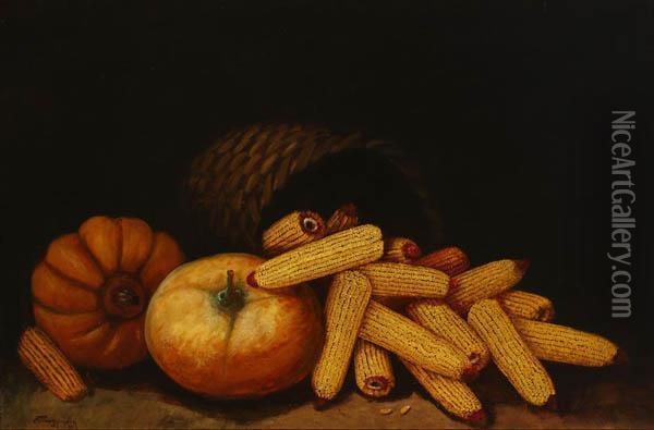 Still Life With Corn And Pumpkins Oil Painting - Alfred Montgomery