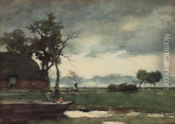 A Farmhouse In A Polder Landscape, A Peasant Unloading A Barge In The Foreground Oil Painting - Jan Hendrik Weissenbruch