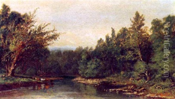 A River Landscape With Cattle Watering Oil Painting - James McDougal Hart