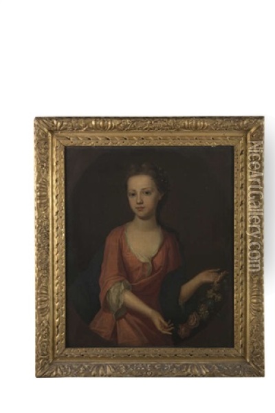Portrait Of Mary Langham, As A Young Girl, Standing Three-quarter Length, Wearing A Red Dress, Holding A Garland Of Flowers, With Flowers In Her Hair Oil Painting - Michael Dahl