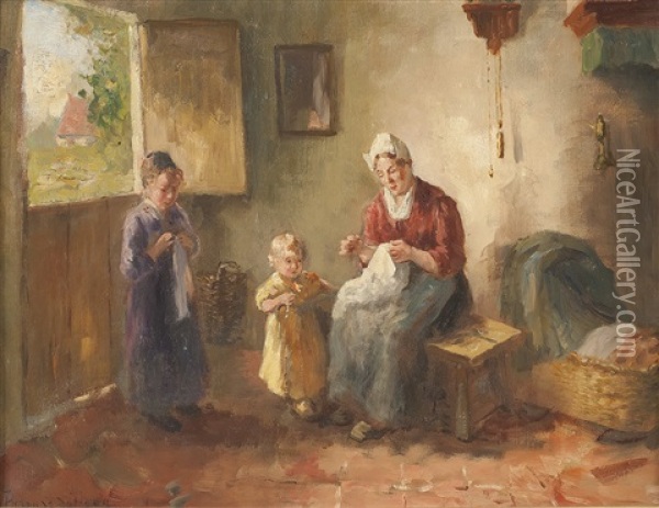 Stickende Bauerin Mit Kindern Oil Painting - Bernard de Hoog