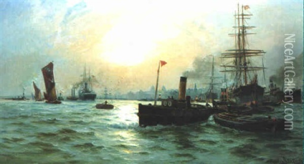 Shipping Off Greenwich Oil Painting - Charles John de Lacy