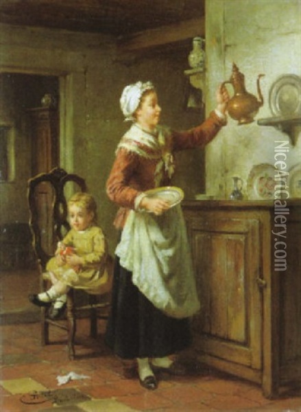 Interieur Met Moeder En Kind Oil Painting - Charles Petit