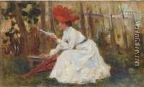 Signora Con Cappello Rosso Oil Painting - Amerino Cagnoni