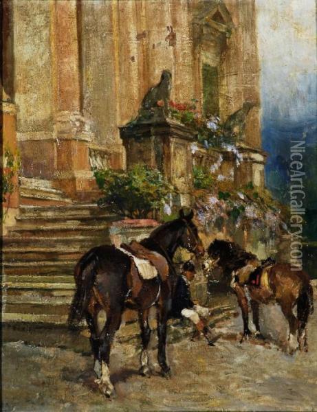Fantino E Cavalli In Prossimita Di Una Scalinata Oil Painting - Alfredo Vaccari