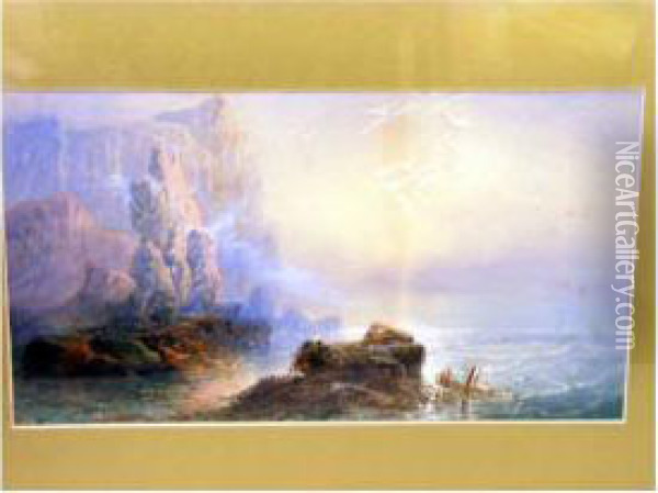 Coastal View With Rocky Cliffs And Seagulls Oil Painting - Harry James Sticks
