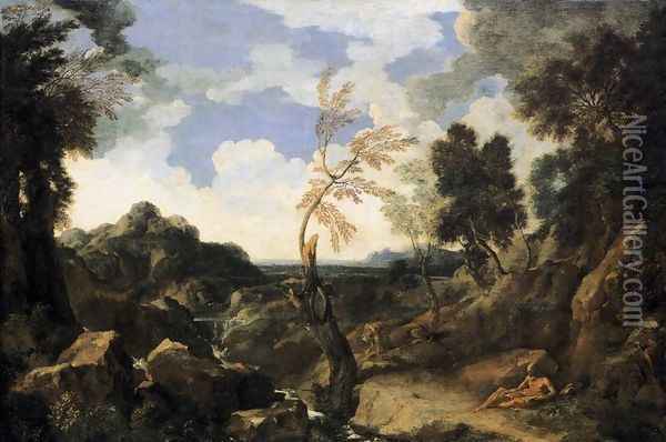 Landscape with St Jerome and the Lion c. 1640 Oil Painting - Gaspard Dughet