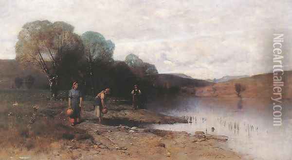 Riverscape c. 1875 Oil Painting - Geza Meszoly