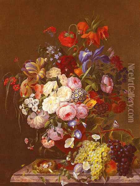 Still Life with Roses, Morning Glories, Tulips, Grapes and Bird's Nest Oil Painting - F. van Geit