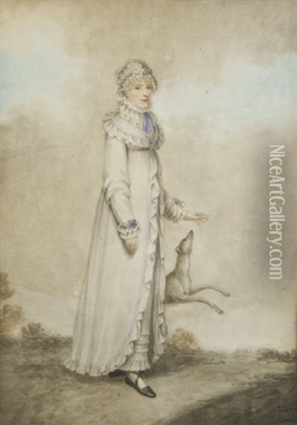 A Fashionable Lady With A Lurcher, Standing In A Landscape Oil Painting - Adam Buck