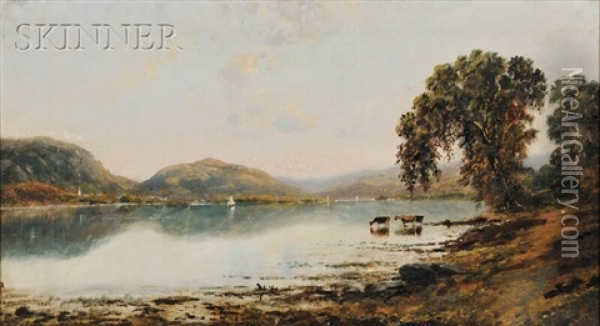 View With Cows Watering At A Lake Oil Painting - Edmund Darch Lewis