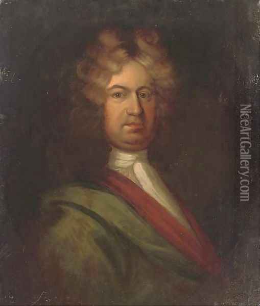 Portrait of a gentleman, bust-length, in a green coat and white necktie Oil Painting - Sir Godfrey Kneller