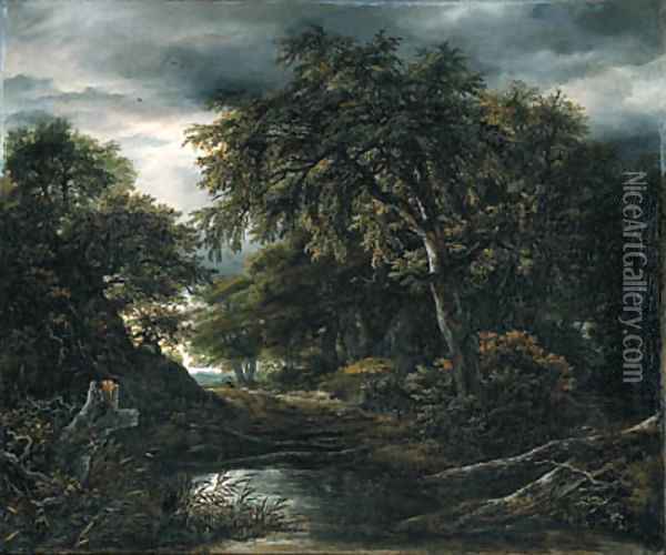 A wooded landscape in stormy weather with a pool, a peasant and a dog on a track Oil Painting - (follower of) Ruisdael, Jacob I. van