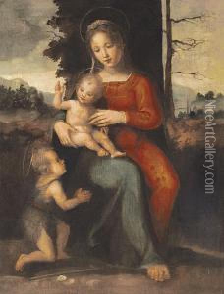 Madonna And Child With Saint John The Baptist In A Landscape Oil Painting - Fra Bartolommeo della Porta