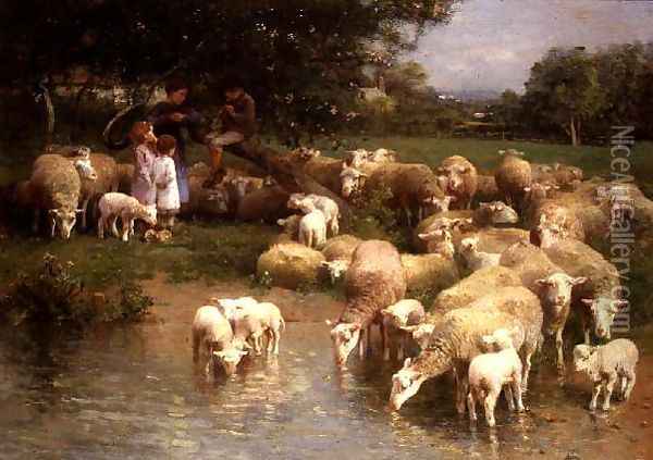 Children and Sheep in Spring Oil Painting - Luigi Chialiva