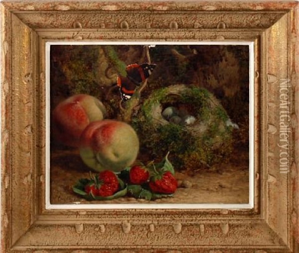 Still Life Of A Bird's Nest, Fruit And A Red Admiral Butterfly On A Mossy Bank Oil Painting - William Hughes