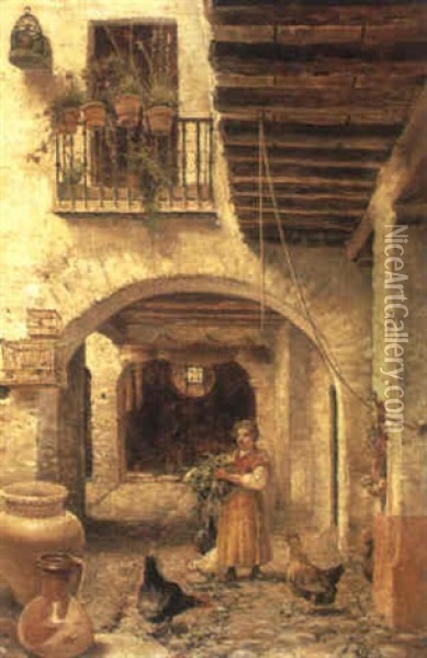 Feeding Poultry In A Courtyard Oil Painting - Jose Lafita y Blanco