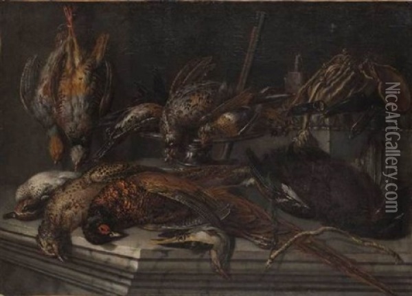 Nature Morte De Gibier Sur Un Entablement : Tetras, Poules Faisanes, Sarcelles Et Coqs Oil Painting - Pieter Van Boucle
