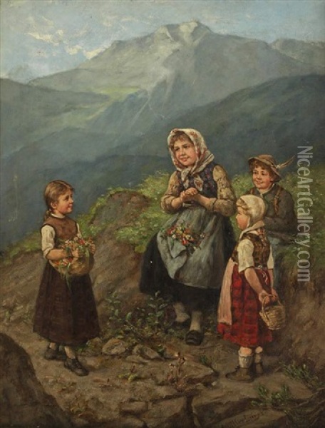 Drei Kinder Auf Wanderweg Im Hochgebirge Oil Painting - Albert Mueller-Lingke