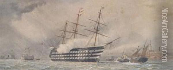 A Warship And Other Vessels In Portsmouth Harbour Oil Painting - William Edward Atkins