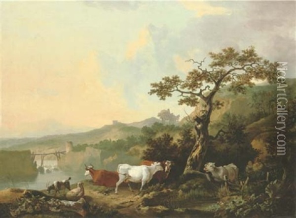 A River Landscape With Livestock And A Rustic Couple, A Wagon On The Road Beyond Oil Painting - Philipp Reinagle