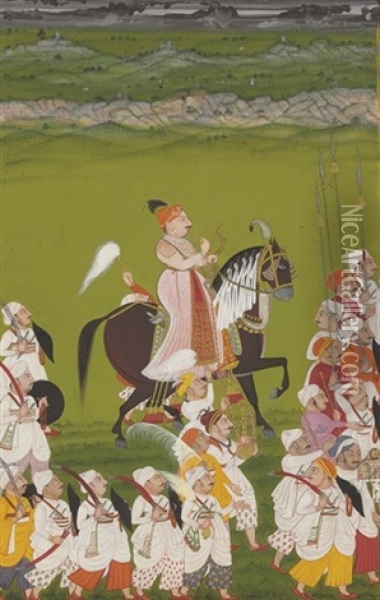 Prince Of Mewar With Followers Oil Painting -  Indian School-Mewar (18)