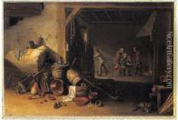 A Tavern Interior With Peasants 
Conversing Before A Fireplace, Kitchen Vessels And An Oven In The 
Foreground Oil Painting - Hendrick Maertensz. Sorch (see Sorgh)