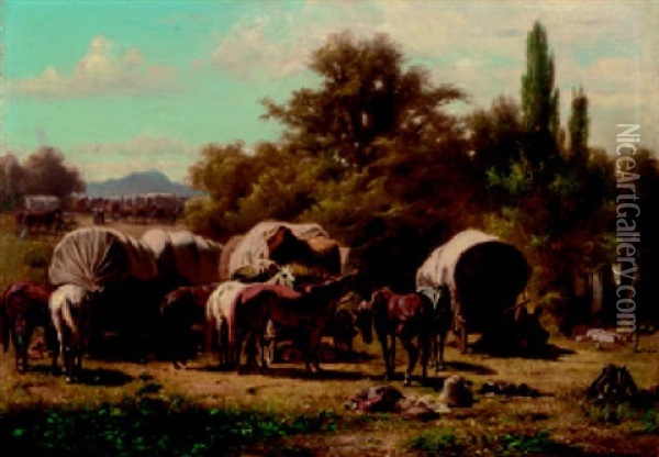 Bei Der Rast. Lagernder Trek Mit Ausgespannten Pferden Vor Planwagen In Sudlicher Landschaft Oil Painting - Franz Adam