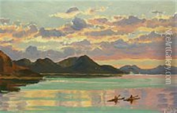 View From A Greenlandic Firth With Reddened Sky And Two Kayaks Oil Painting - Emanuel A. Petersen