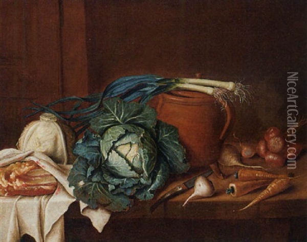 Cabbages, Leeks, Turnips, Carrots And Onions With A Knife, A Jug And Meat On A Table Oil Painting - Gabriel (Gaspard) Gresly