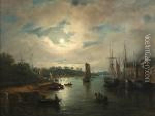 Ipswich Docks By Moonlight Oil Painting - John Moore Of Ipswich