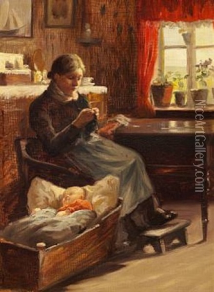 Interior With A Mother And Her Sleeping Child In A Cradle Oil Painting - Anna Kirstine Ancher