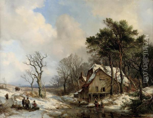 Figures On A Frozen Stream On The Outskirts Of A Village Oil Painting - Hendrikus van den Sande Bakhuyzen
