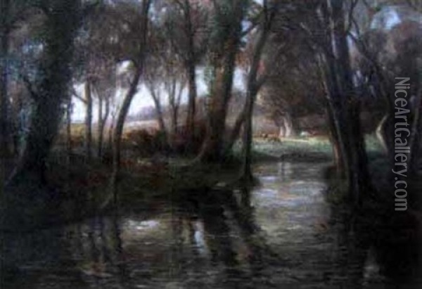 A Tree Lined River Scene With Cattle In The Distance Oil Painting - Edouard Chappel