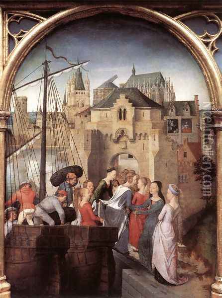 St Ursula Shrine- Arrival in Cologne (scene 1) 1489 Oil Painting - Hans Memling