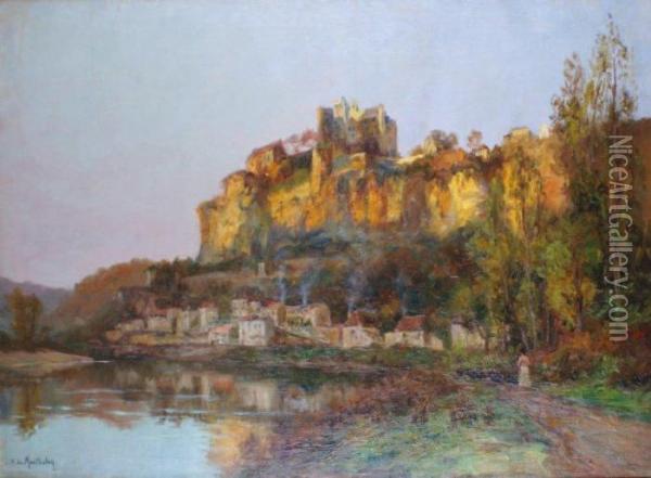 Vue De Beynac En Bord De Dordogne Ausoleil Couchant Oil Painting - Francois Richard De Montholon