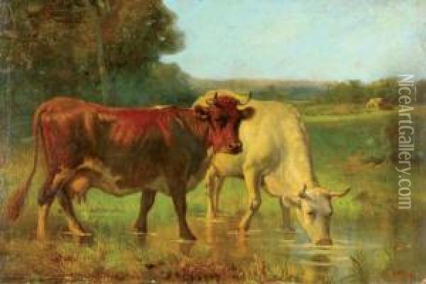 Cows Watering Oil Painting - Robert Atkinson Fox