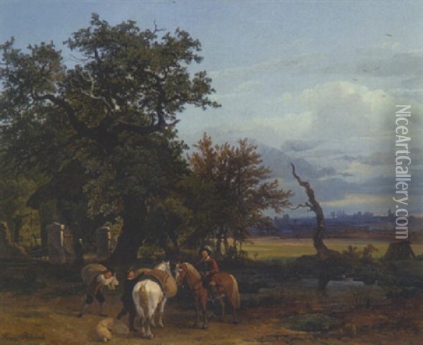 Landschaft Mit Reiter Und Knechten, Die Ein Pferd Bepacken Oil Painting - Franz Reinhold