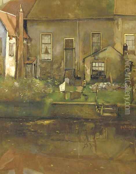 Achtergracht te Amersfoort a view of gables on a canal Oil Painting - Herman Verkerk