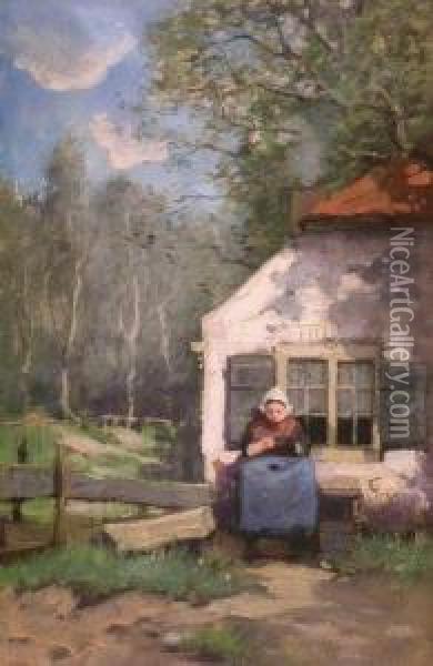 Woman Before A Cottage Oil Painting - Tony Lodewijk George Offermans