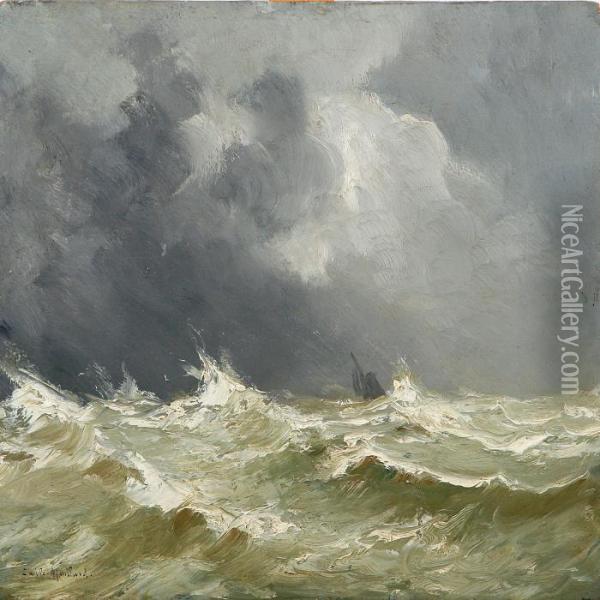 A Stormy Sea With A Sailing Ship Oil Painting - Emile Maillard