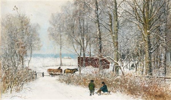 Vinterlandskap Med Kalkakande Pojkar Oil Painting - Olof Hermelin