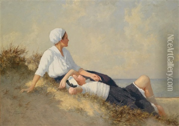 Mutter Und Tochter Am Strand Oil Painting - Hermann Seeger