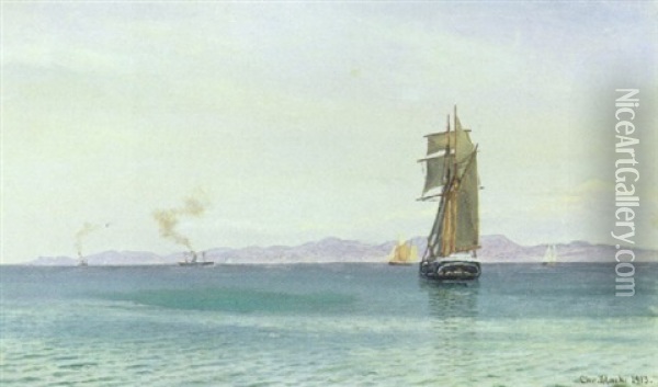 Marine, Skibe Pa Havet, I Baggrunden Kyst Oil Painting - Christian Blache