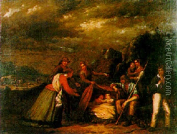 A Family Sheltering By The Cliffs Oil Painting - Thomas Hunt