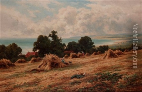 Harvesting On The Sussex Coast, Near Worthing Oil Painting - Henry H. Parker