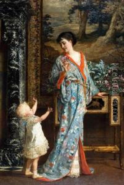 Vrouw In Chinese Kimono En Kind Oil Painting - Frans Verhas