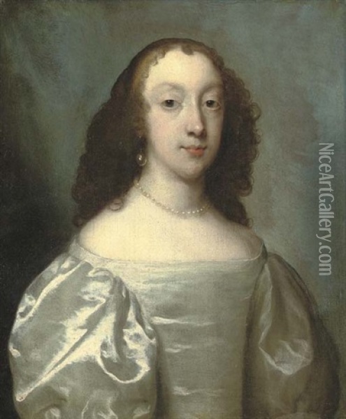Portrait Of A Lady, Bust-length, In An Oyster Satin Dress With Pearl Necklace And Earrings Oil Painting - Cornelis Jonson Van Ceulen