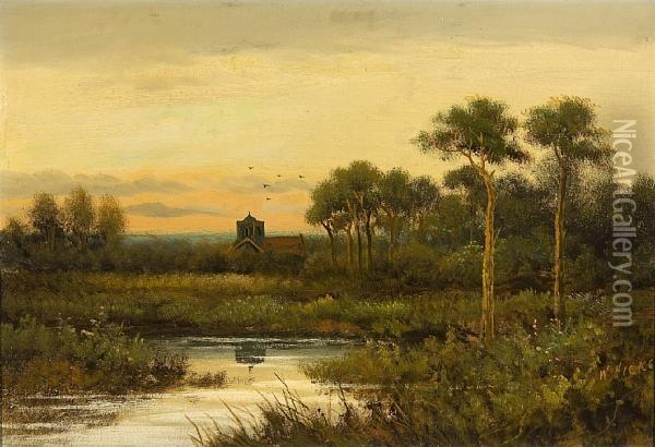View Across A River To A Church At Dusk Oil Painting - Herbert William Hicks