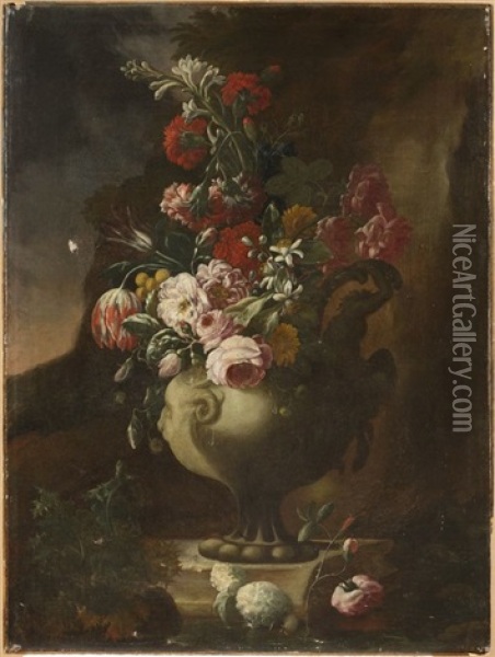 Grande Composition Au Vase Fleuri De Tulipes, Oeillets, Roses Sur Une Pierre Oil Painting - Nicola Casissa